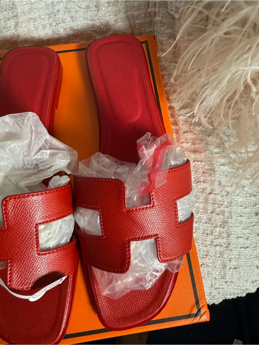 Red Leather H-Logo Slide Mules